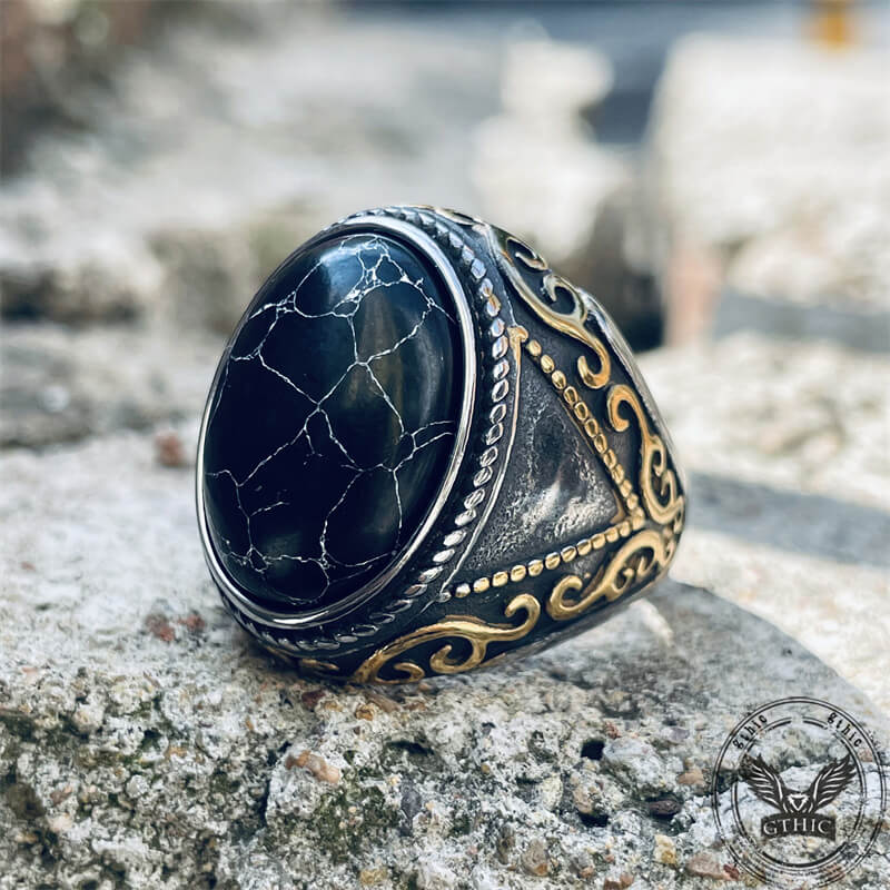 Black Crack Turquoise Patterned Stainless Steel Ring 03 | Gthic.com