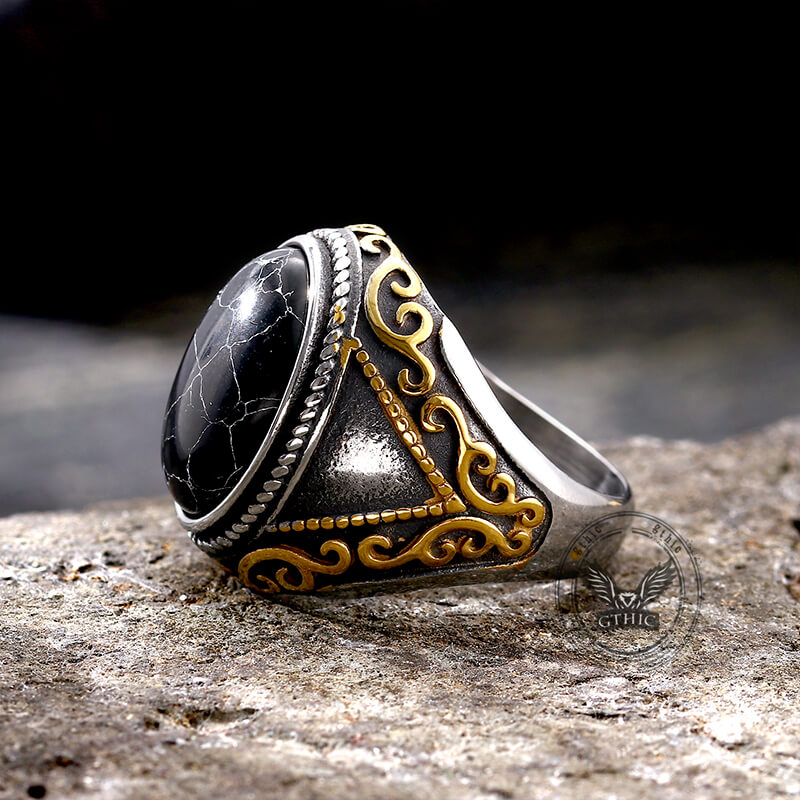 Black Crack Turquoise Patterned Stainless Steel Ring