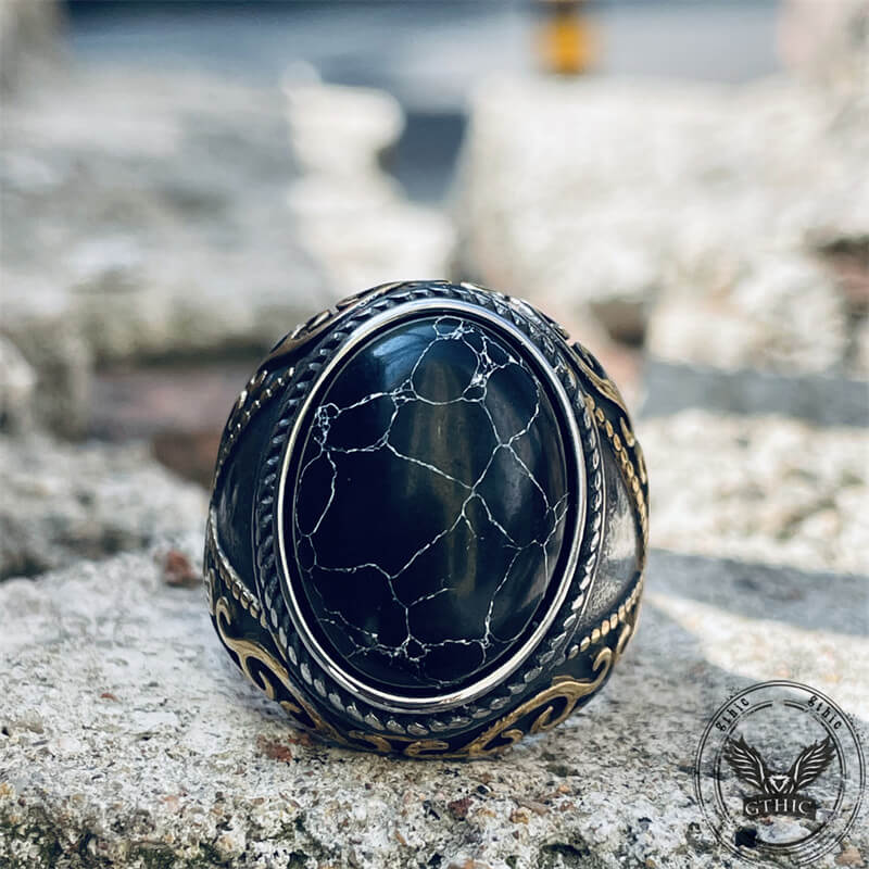 Black Crack Turquoise Patterned Stainless Steel Ring