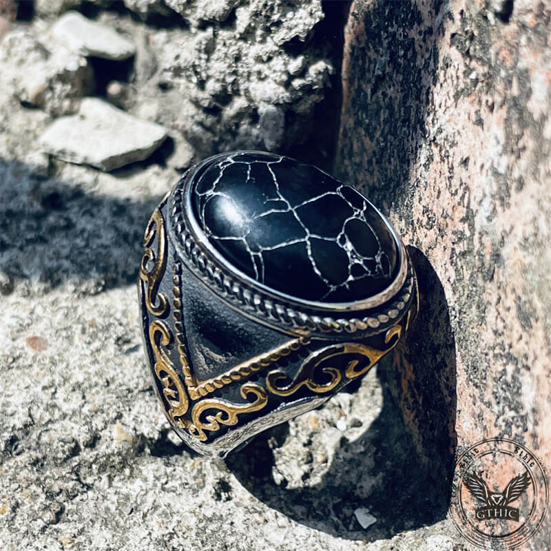 Black Crack Turquoise Patterned Stainless Steel Ring