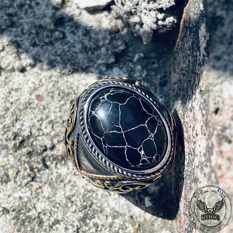 Black Crack Turquoise Patterned Stainless Steel Ring