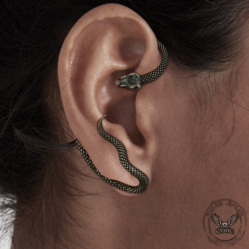 Ear Cuffs Serpiente Arrastrándose Negra De Acero Inoxidable