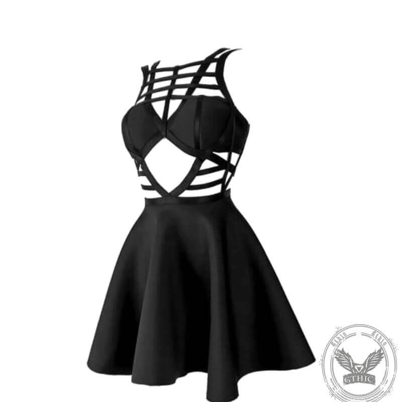 Black Cutout Crossover A-line Mini Dress | Gthic.com