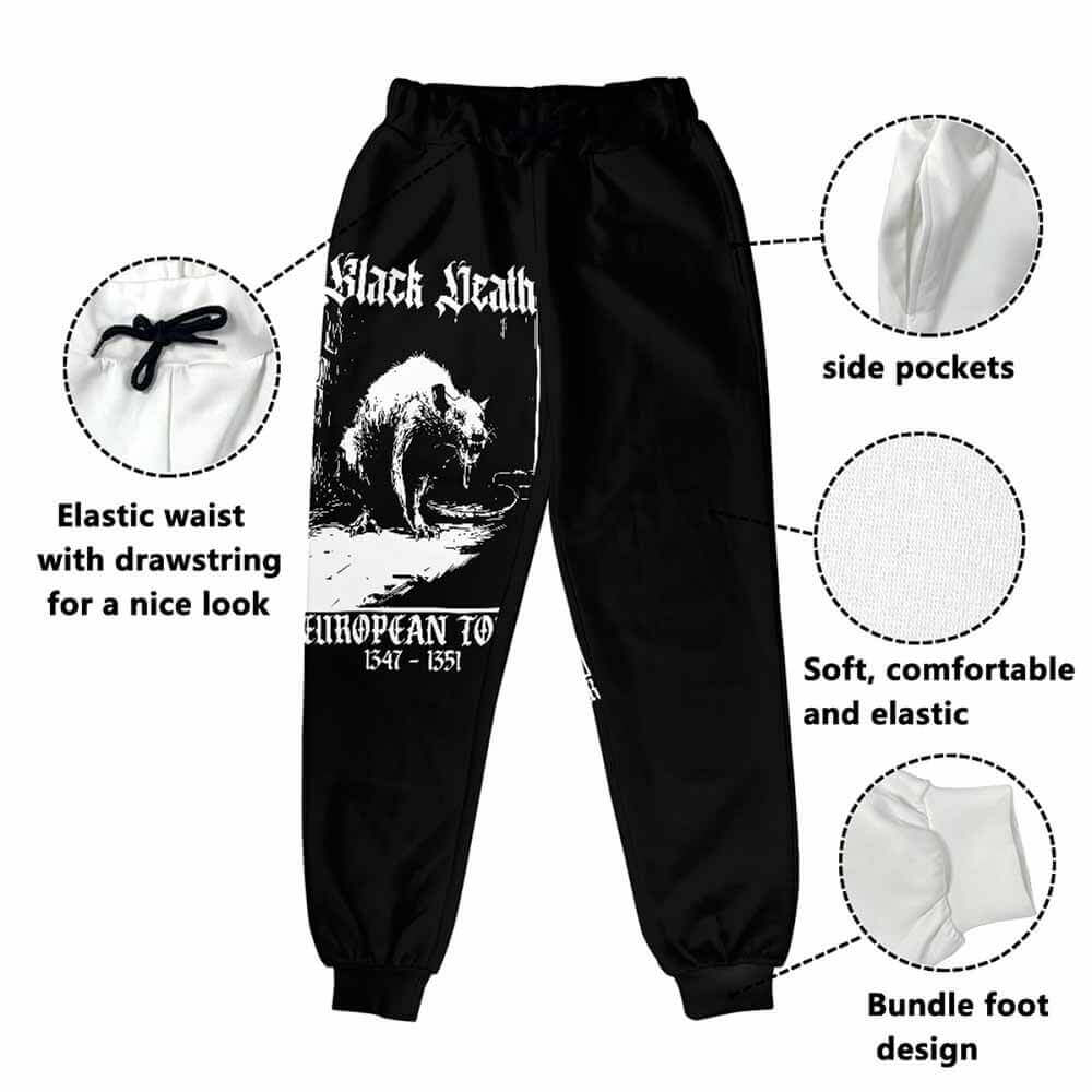 Black Death Rat Casual Elastic Drawstring Pants