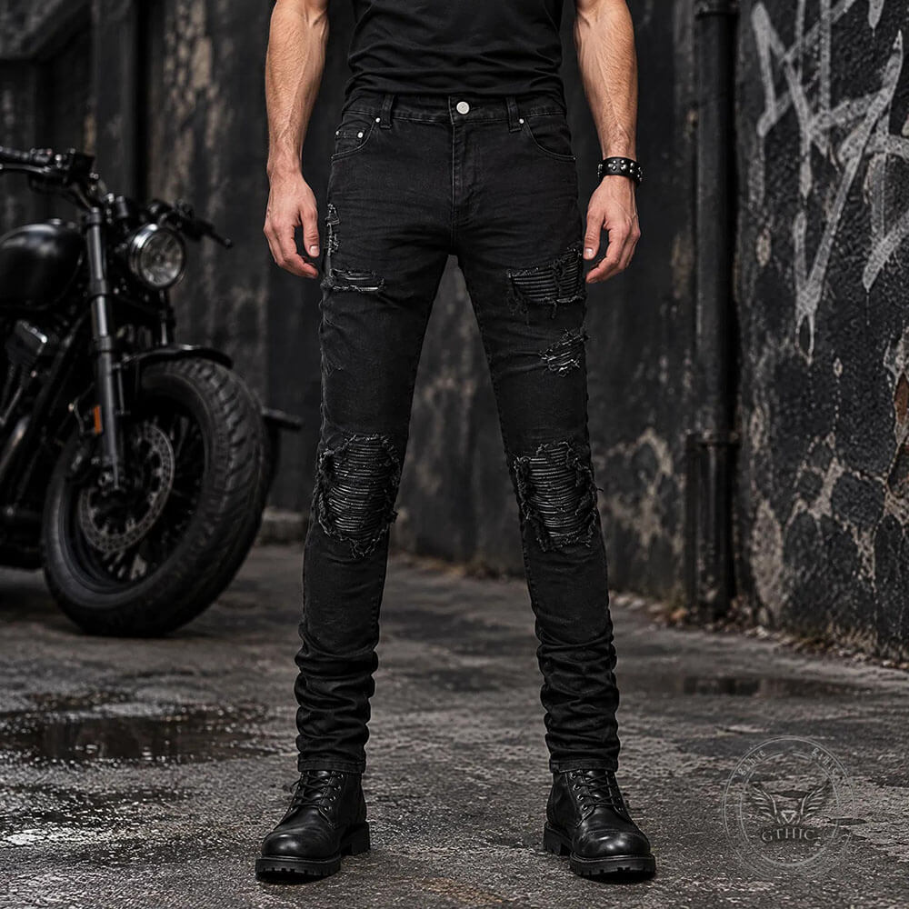 Black Distressed Patch Slim-Fit Skinny Jeans | Gthic.com