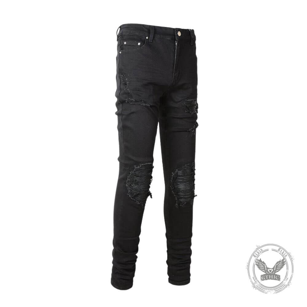 Black Distressed Patch Slim-Fit Skinny Jeans | Gthic.com