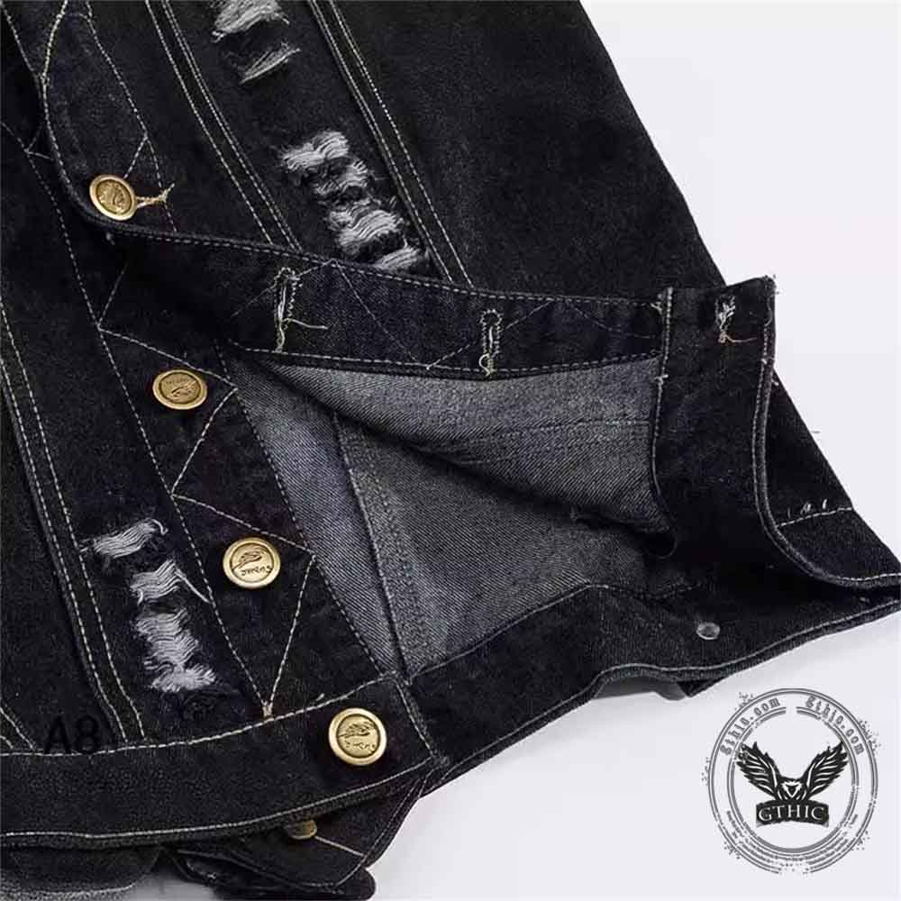 Black Distressed Slim Fit Cotton Denim Biker Vest