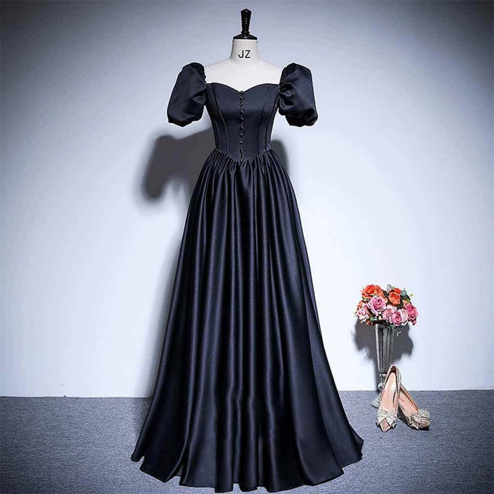 Black Elegant Puff Sleeves Satin Evening Dress 01 | Gthic.com