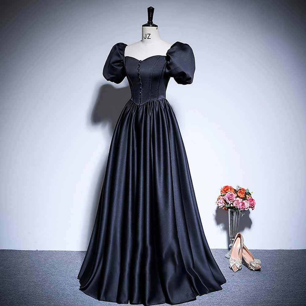 Black Elegant Puff Sleeves Satin Evening Dress