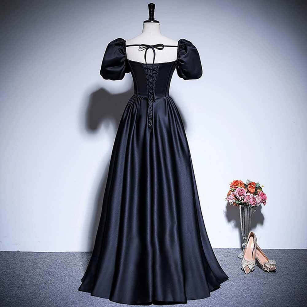 Black Elegant Puff Sleeves Satin Evening Dress 02 | Gthic.com