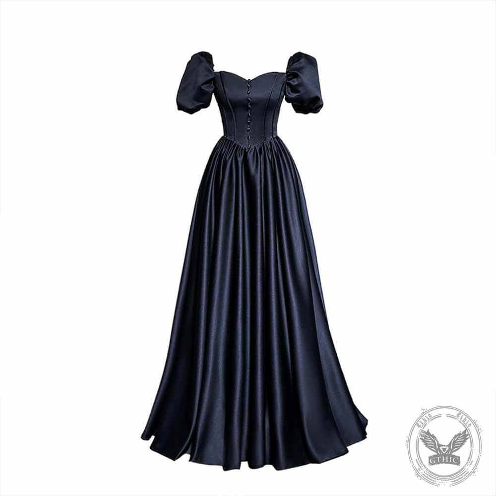 Black Elegant Puff Sleeves Satin Evening Dress