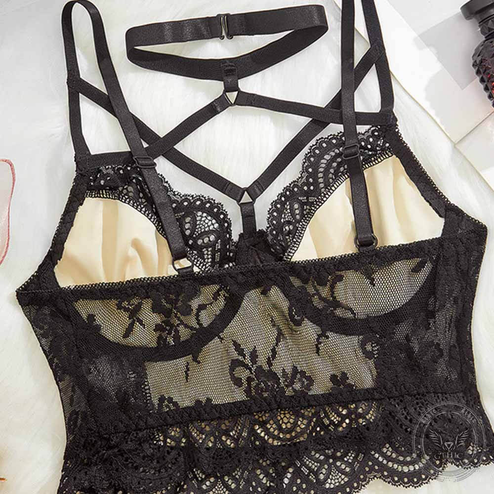 Black Embroidered See-Through Lace Halter Camisole | Gthic.com