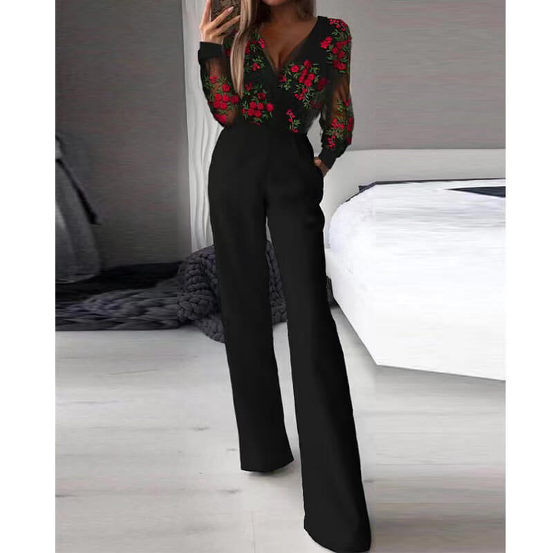 Black Floral Print Mesh Long Sleeve V-Neck Jumpsuit | Gthic.com