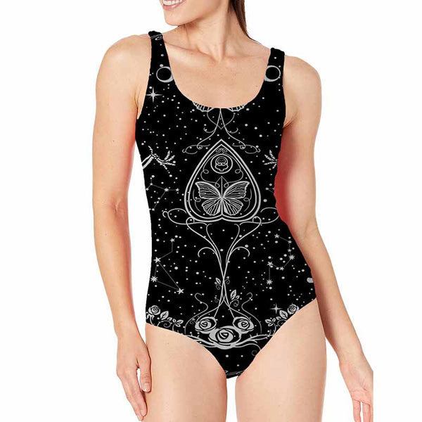 Black Floral Print Skull Women’s One Piece Swimsuit | Gthic.com