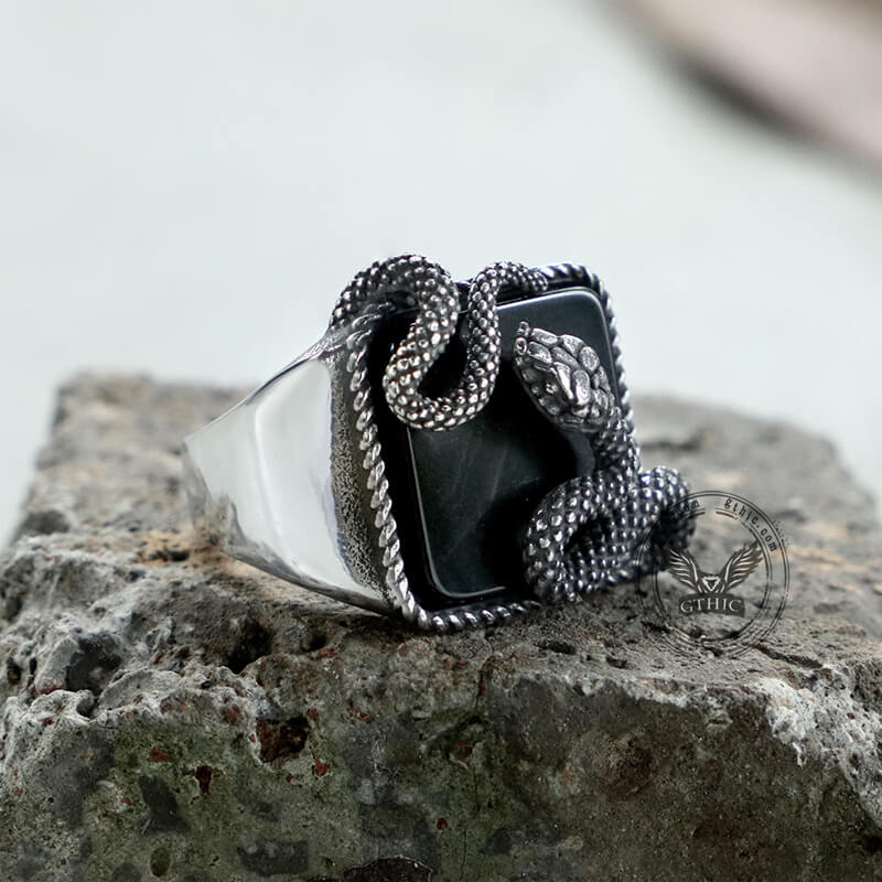 Black Gemstone Snake Stainless Steel Ring | Gthic.com