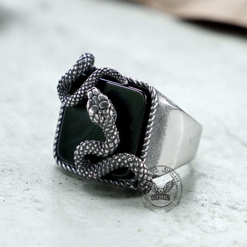 Black Gemstone Snake Stainless Steel Ring | Gthic.com