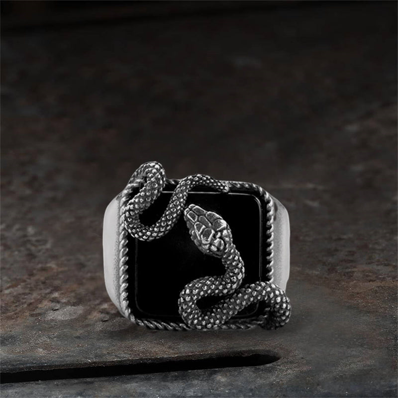 Black Gemstone Snake Stainless Steel Ring | Gthic.com