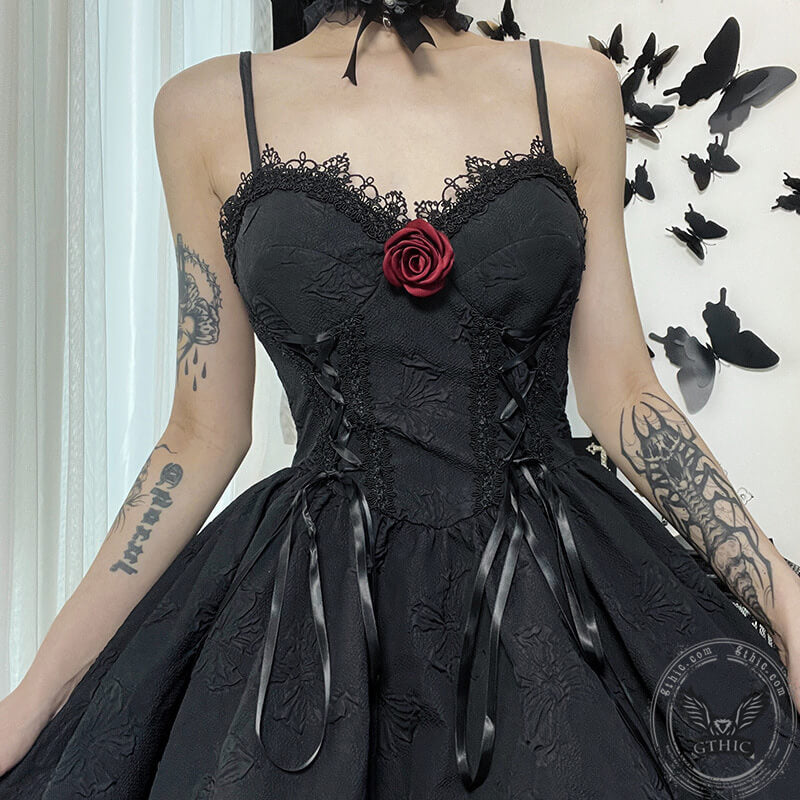 Black Goth Rose Polyester Party Dress | Gthic.com