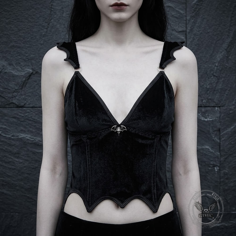 Black Gothic Bat-Embellished Camisole Velvet Corset  | Gthic.com