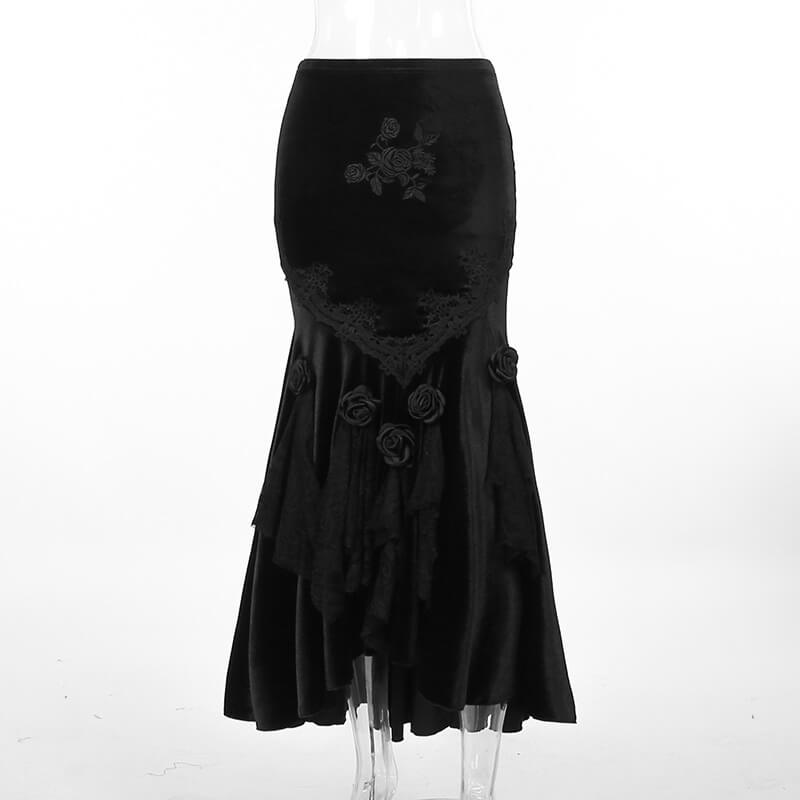 Black Gothic Floral Embroidered Fishtail Skirt | Gthic.com