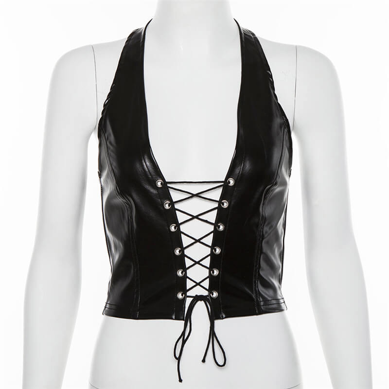 Black Halter Lace-up Cut-out Crop Top | Gthic.com