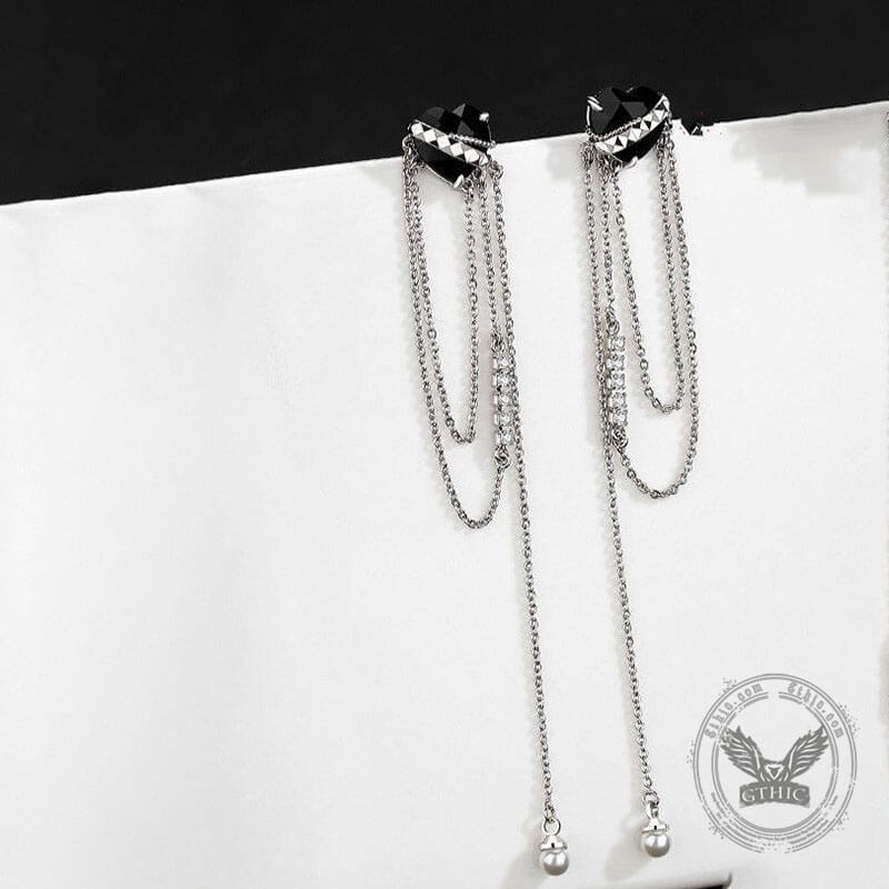 Black Heart-shaped Zircon Tassel Alloy Earrings | Gthic.com