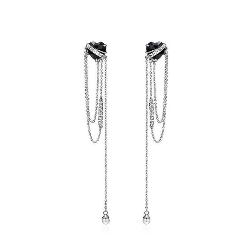 Black Heart-shaped Zircon Tassel Alloy Earrings | Gthic.com