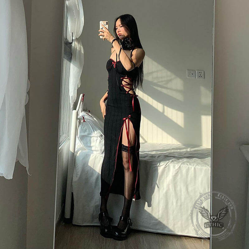  Black Hollow Lace-Up Slit Slim Tube Top Midi Dress | Gthic.com