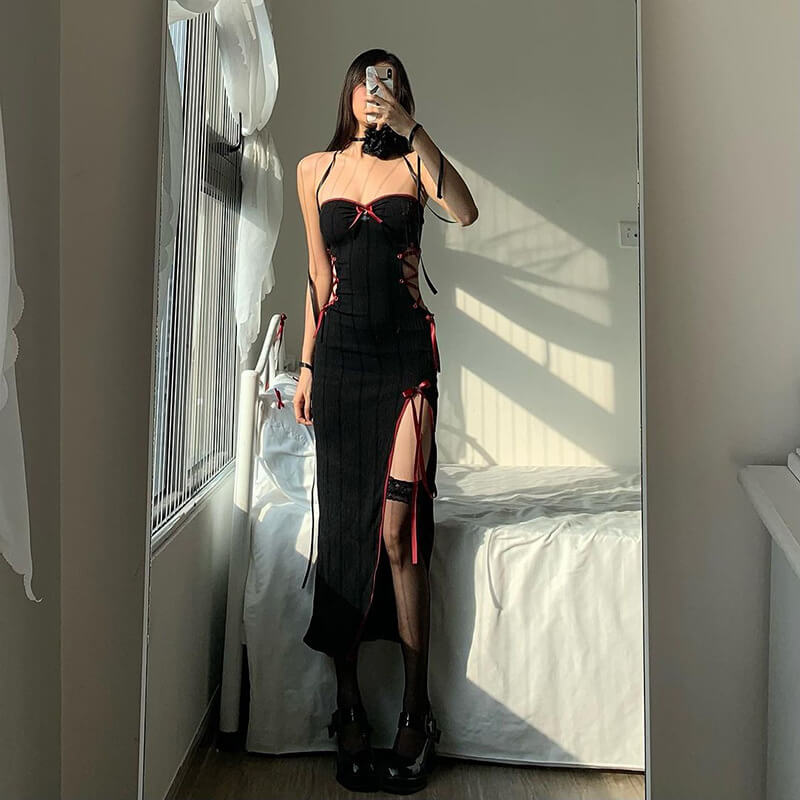  Black Hollow Lace-Up Slit Slim Tube Top Midi Dress | Gthic.com