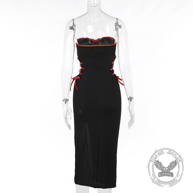  Black Hollow Lace-Up Slit Slim Tube Top Midi Dress | Gthic.com