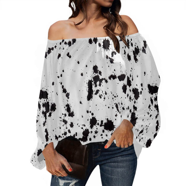 Black Ink-Splashed Print Loose Off-Shoulder Top 01 | Gthic.com