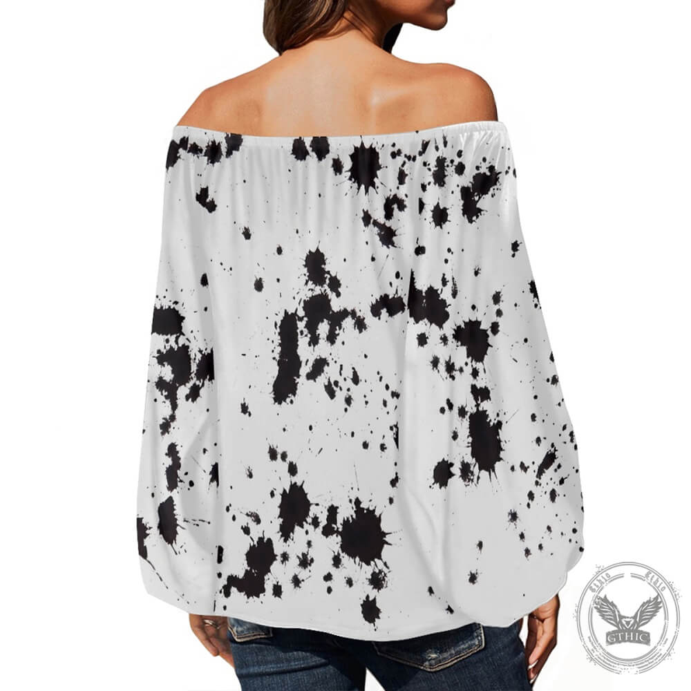 Black Ink-Splashed Print Loose Off-Shoulder Top 02 | Gthic.com