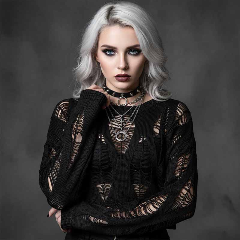 Black Knitted Grunge Ripped Crop Sweater | Gthic.com