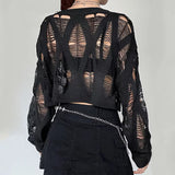 Black Knitted Grunge Ripped Crop Sweater | Gthic.com