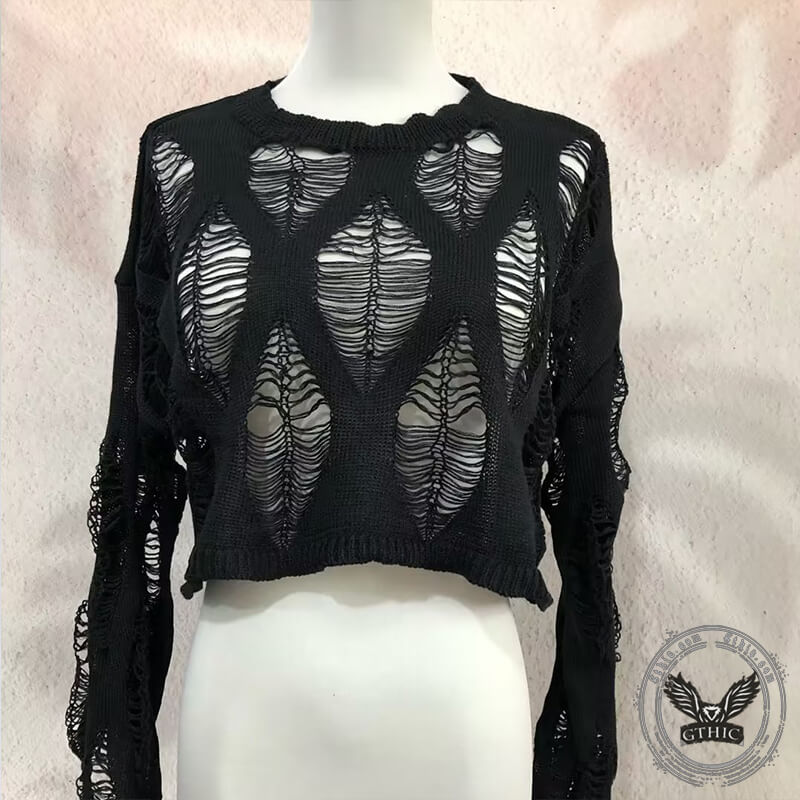 Black Knitted Grunge Ripped Crop Sweater | Gthic.com