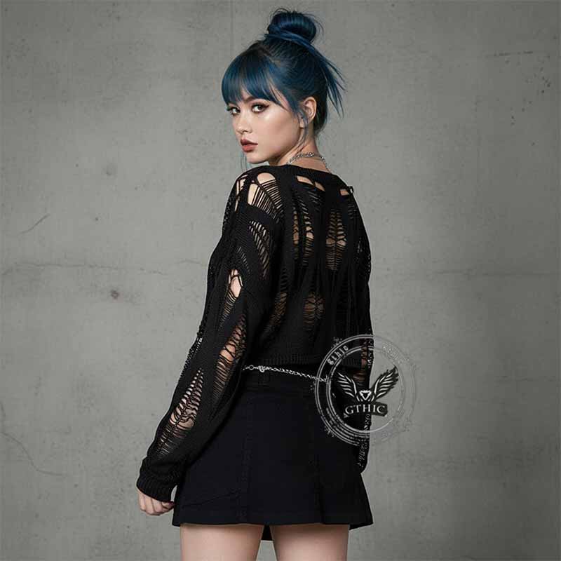 Black Knitted Grunge Ripped Crop Sweater | Gthic.com