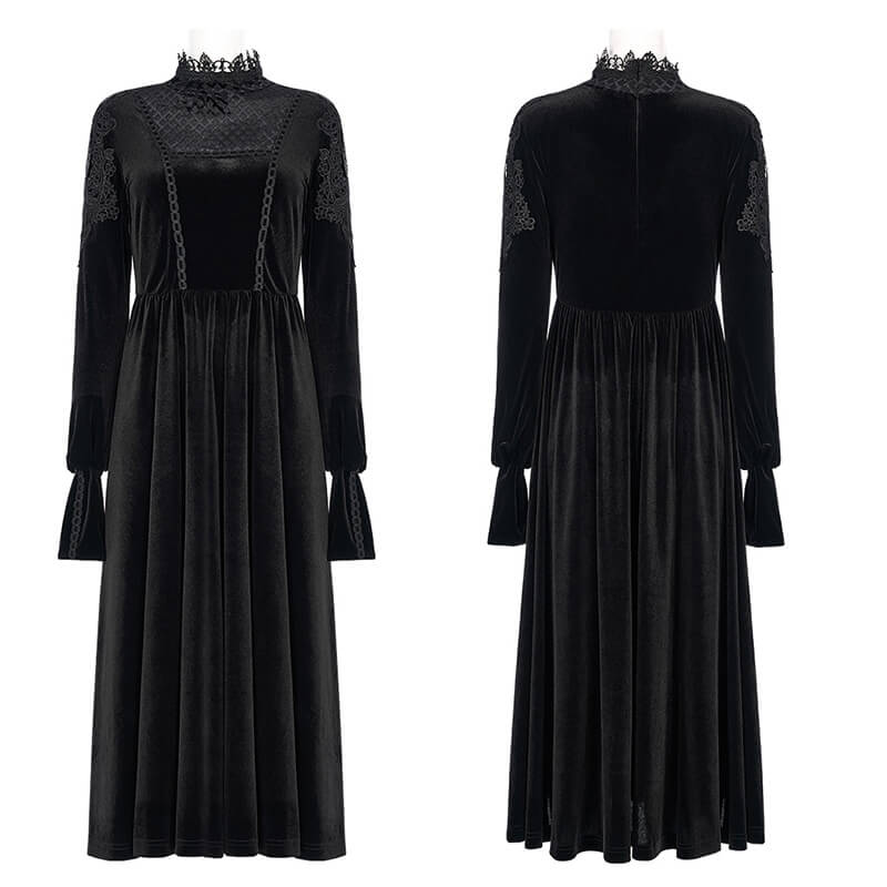 Black Lace Appliques Velvet Gothic Dress