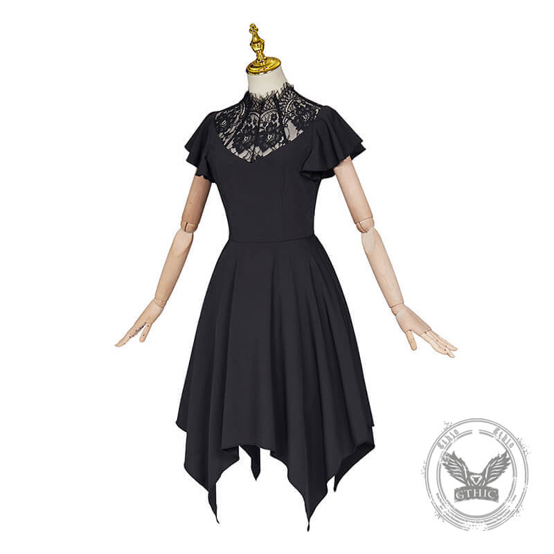 Black Lace Collar Irregular Hem Dress