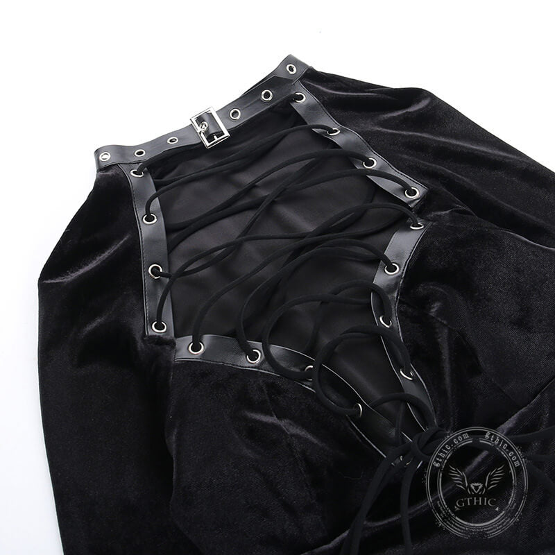 Black Lace Up Velvet Long Sleeve Bodycon Dress | Gthic.com