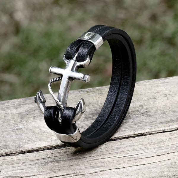 Black Leather Anchor Stainless Steel Marine Bracelet | Gthic.com