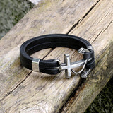 Black Leather Anchor Stainless Steel Marine Bracelet