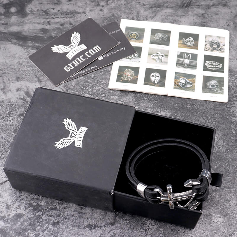 Black Leather Anchor Stainless Steel Marine Bracelet