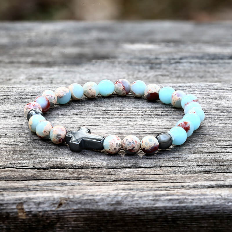 Black Magnet Cross Natural Stone Beaded Bracelet | Gthic.com