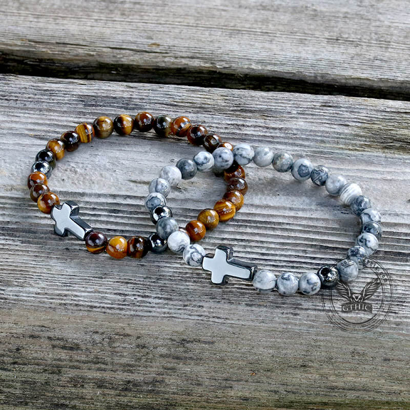 Black Magnet Cross Natural Stone Beaded Bracelet | Gthic.com
