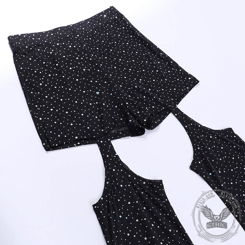 Black Mesh Rhinestone Hollow High-Waisted Flared Pants | Gthic.com