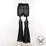Black Mesh Rhinestone Hollow High-Waisted Flared Pants | Gthic.com
