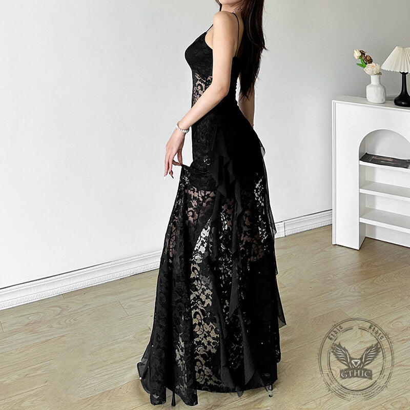 Black Mesh V-Neck Slim High Waist Cut-out Sexy Dress | Gthic.com