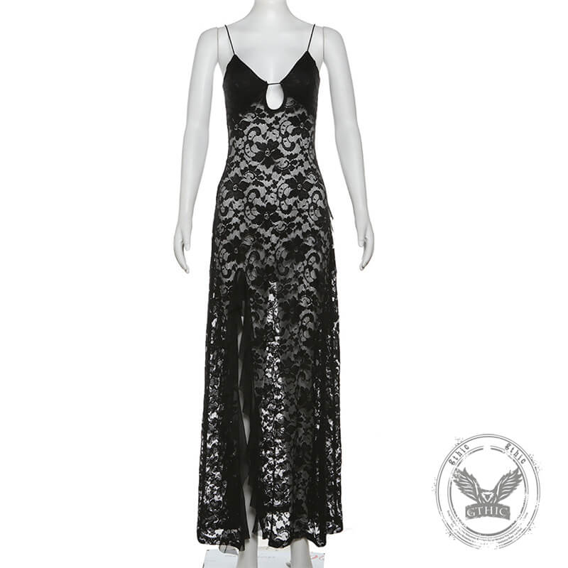 Black Mesh V-Neck Slim High Waist Cut-out Sexy Dress | Gthic.com