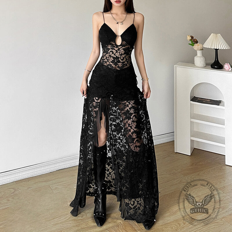 Black Mesh V-Neck Slim High Waist Cut-out Sexy Dress | Gthic.com