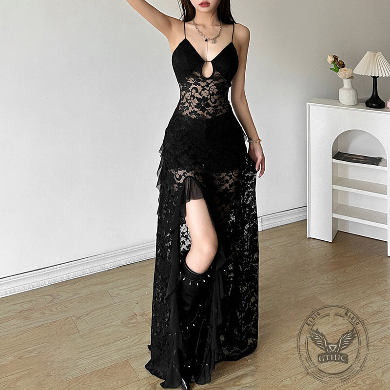 Black Mesh V-Neck Slim High Waist Cut-out Sexy Dress | Gthic.com